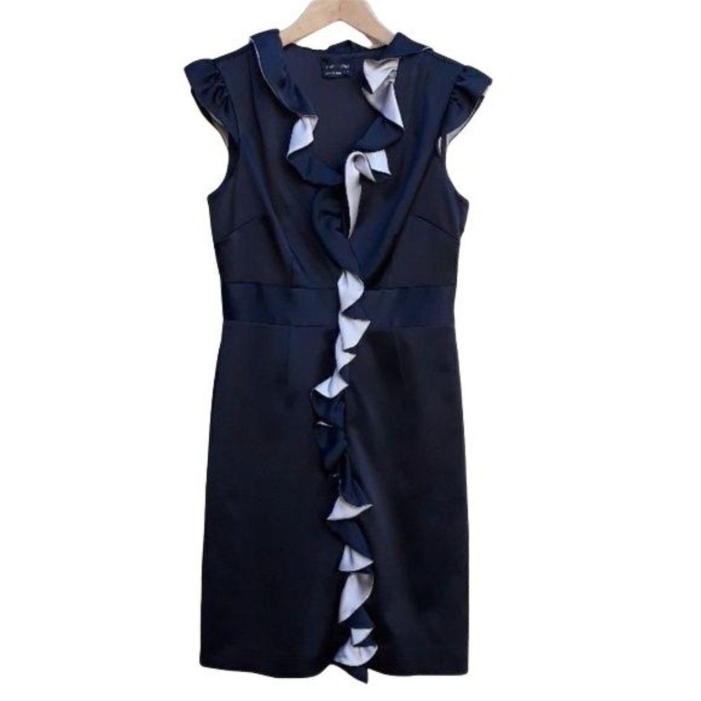 Max & Cleo Dress Womens 6 Satin Cap‎ V-neck Ruffled Front Tuxedo Sheath Black